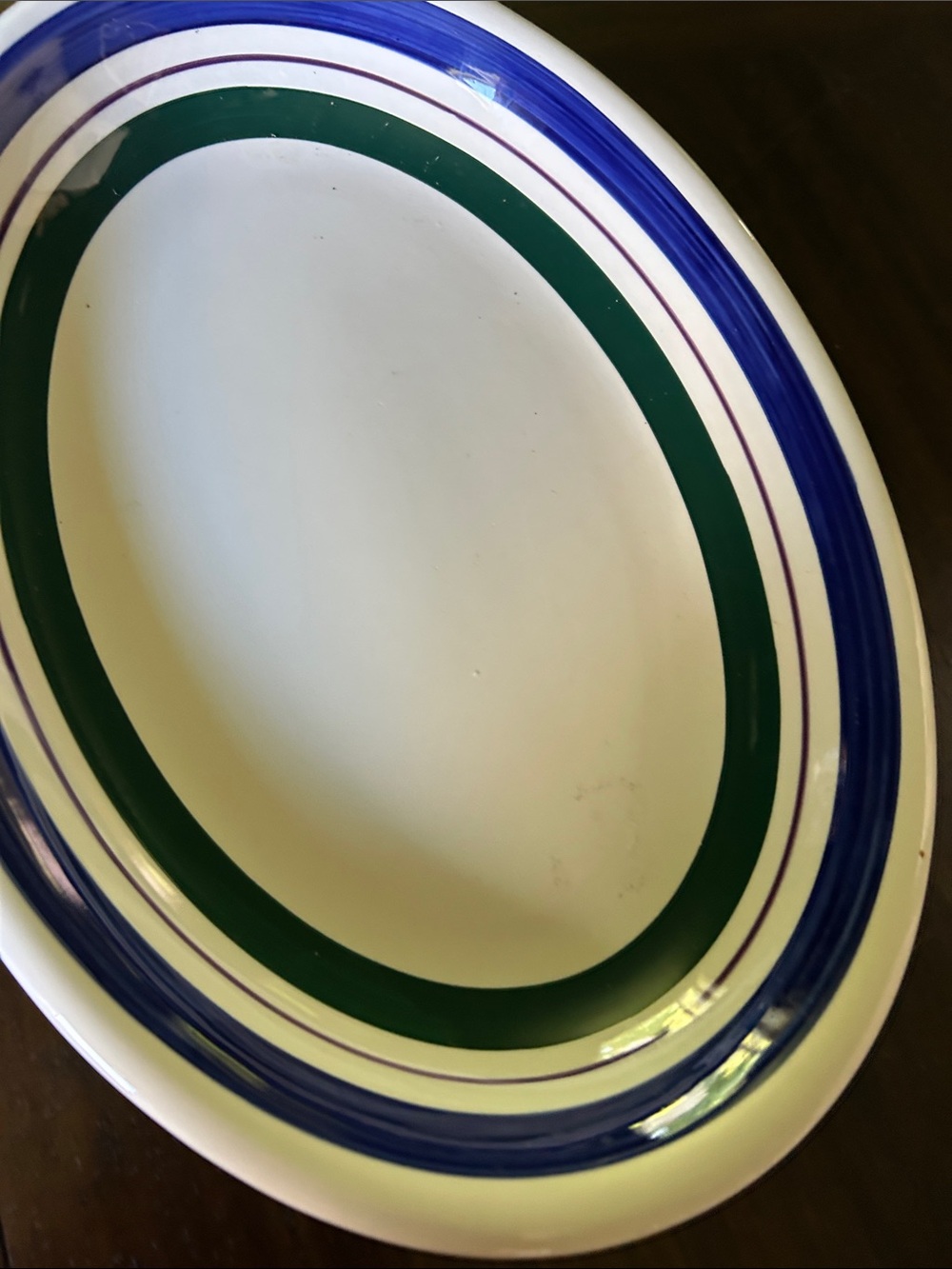 White Oval Serving Platter with Green and Blue Ring Accents